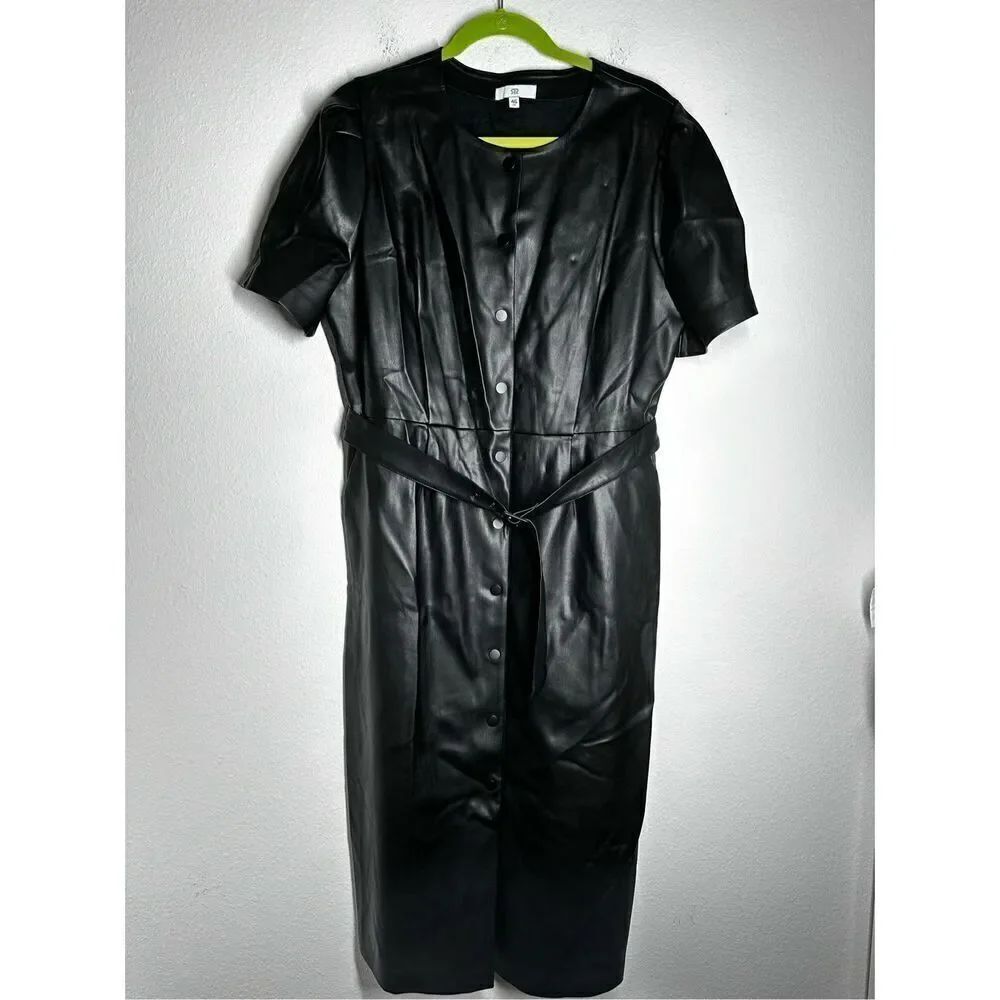 La Redoute Women’s Faux Leather Shirt Dress Black Snaps Belt Pockets Sz 16/46 FR